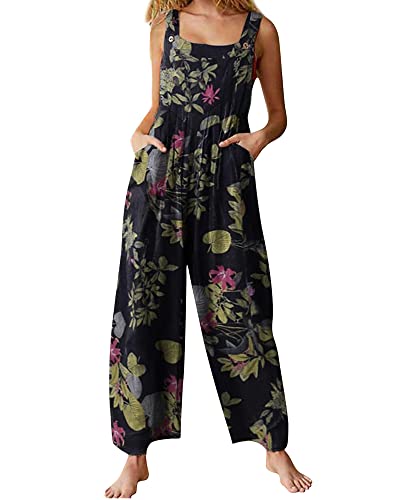 Acrawnni Damen Latzhose Vintage Floral Gedruckt Lose Casual Baggy Ärmellos Overall Lang Jumpsuit Playsuit Hosen Romper (B-Navy Blue, M) von Acrawnni