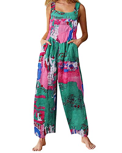 Acrawnni Damen Latzhose Vintage Floral Gedruckt Lose Casual Baggy Ärmellos Overall Lang Jumpsuit Playsuit Hosen Romper (C-Green, XL) von Acrawnni