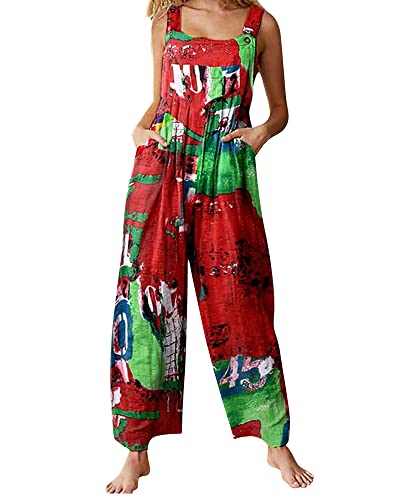 Acrawnni Damen Latzhose Vintage Floral Gedruckt Lose Casual Baggy Ärmellos Overall Lang Jumpsuit Playsuit Hosen Romper (C-Red, L) von Acrawnni