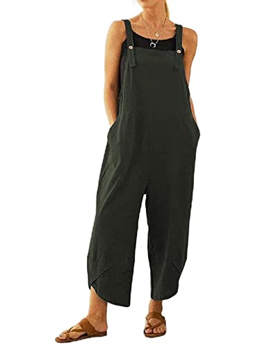 Acrawnni Damen Latzhose Vintage Floral Gedruckt Lose Casual Baggy Ärmellos Overall Lang Jumpsuit Playsuit Hosen Romper (D-Army Green, L) von Acrawnni