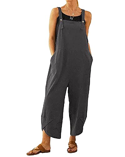 Acrawnni Damen Latzhose Vintage Floral Gedruckt Lose Casual Baggy Ärmellos Overall Lang Jumpsuit Playsuit Hosen Romper (D-Grey, L) von Acrawnni