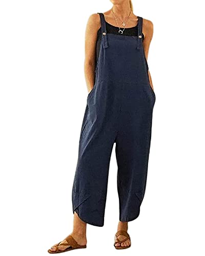 Acrawnni Damen Latzhose Vintage Floral Gedruckt Lose Casual Baggy Ärmellos Overall Lang Jumpsuit Playsuit Hosen Romper (D-Navy Blue, L) von Acrawnni