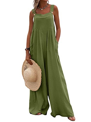 Acrawnni Damen Latzhose Vintage Floral Gedruckt Lose Casual Baggy Ärmellos Overall Lang Jumpsuit Playsuit Hosen Romper (E-ArmyGreen, L) von Acrawnni