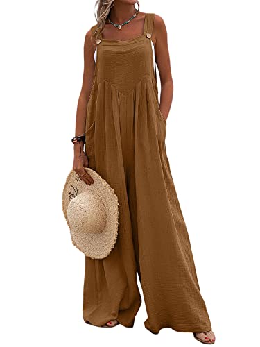 Acrawnni Damen Latzhose Vintage Floral Gedruckt Lose Casual Baggy Ärmellos Overall Lang Jumpsuit Playsuit Hosen Romper (E-Brown, M) von Acrawnni