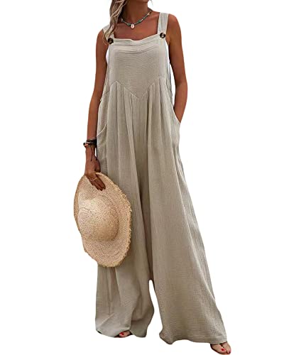 Acrawnni Damen Latzhose Vintage Floral Gedruckt Lose Casual Baggy Ärmellos Overall Lang Jumpsuit Playsuit Hosen Romper (E-Khaki, L) von Acrawnni