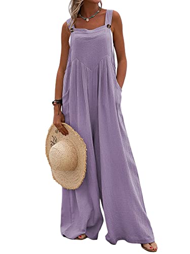 Acrawnni Damen Latzhose Vintage Floral Gedruckt Lose Casual Baggy Ärmellos Overall Lang Jumpsuit Playsuit Hosen Romper (E-Purple, L) von Acrawnni