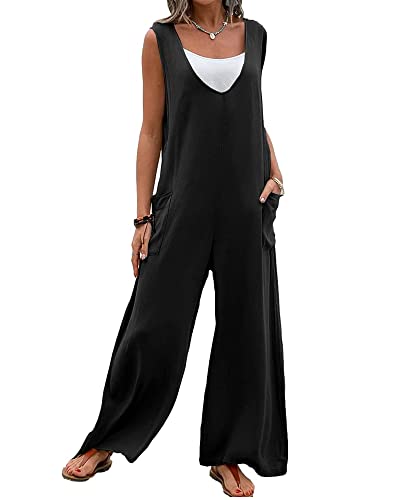 Acrawnni Damen Latzhose Vintage Floral Gedruckt Lose Casual Baggy Ärmellos Overall Lang Jumpsuit Playsuit Hosen Romper (F-Black, L) von Acrawnni