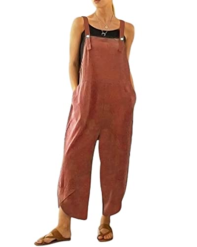 Acrawnni Damen Latzhose Vintage Floral Gedruckt Lose Casual Baggy Ärmellos Overall Lange Jumpsuit Playsuit Hosen Strampler, Z-Brick Red, 42 von Acrawnni