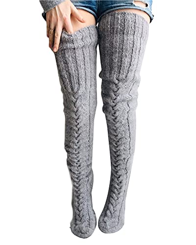 Acrawnni Damen Mädchen Winter Zopfmuster Overknee Socken Oberschenkelhoch Lange Stiefel Socken Strumpf Beinwärmer, B-Dunkelgrau, One size von Acrawnni