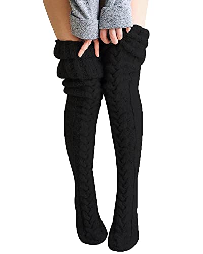 Acrawnni Damen Mädchen Winter Zopfmuster Overknee Socken Oberschenkelhoch Lange Stiefel Socken Strumpf Beinwärmer, B-schwarz, One size von Acrawnni