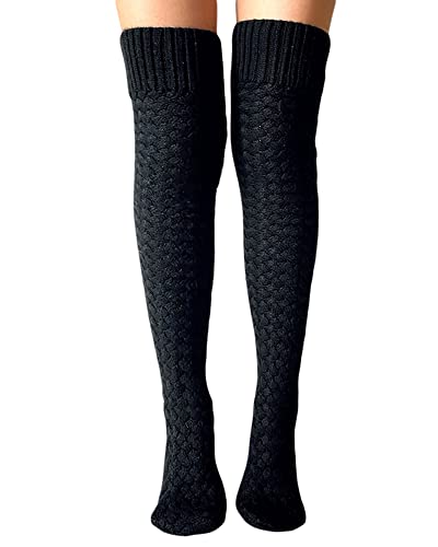 Acrawnni Damen Mädchen Winter Zopfstrick Overknee Socken Oberschenkel Hohe Lange Stiefel Socken Strumpf Beinwärmer (D-Black, One Size) von Acrawnni