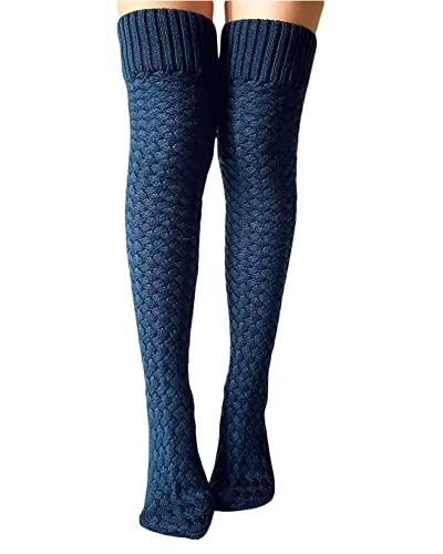 Acrawnni Damen Mädchen Winter Zopfstrick Overknee Socken Oberschenkel Hohe Lange Stiefel Socken Strumpf Beinwärmer (D-Blue, One Size) von Acrawnni