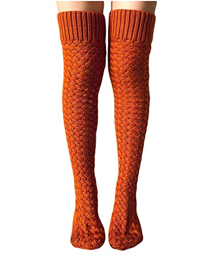 Acrawnni Damen Mädchen Winter Zopfstrick Overknee Socken Oberschenkel Hohe Lange Stiefel Socken Strumpf Beinwärmer (D-Orange, One Size) von Acrawnni