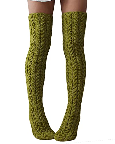 Acrawnni Damen Mädchen Winter Zopfstrick Overknee Socken Oberschenkel Hohe Lange Stiefel Socken Strumpf Beinwärmer (E-Green, One Size) von Acrawnni