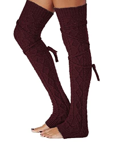 Acrawnni Damen Mädchen Winter Zopfstrick Overknee Socken Oberschenkel Hohe Lange Stiefel Socken Strumpf Beinwärmer (F-Wine red, One Size) von Acrawnni