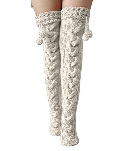 Acrawnni Damen Mädchen Winter Zopfstrick Overknee Socken Oberschenkel Hohe Lange Stiefel Socken Strumpf Beinwärmer (H-Beige, One Size) von Acrawnni