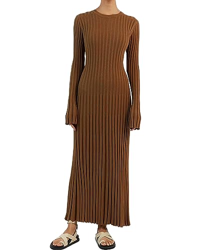 Acrawnni Damen-Maxikleid Aus Geripptem Strick Langärmelig Rundhalsausschnitt Schmale Passform Figurbetont Bleistift Langes Kleid Party Clubwear (A-Reddish Coffee, S) von Acrawnni