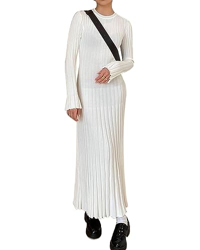 Acrawnni Damen-Maxikleid Aus Geripptem Strick Langärmelig Rundhalsausschnitt Schmale Passform Figurbetont Bleistift Langes Kleid Party Clubwear (A-White, L) von Acrawnni