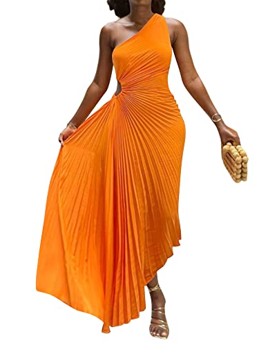 Acrawnni Damen-Maxikleid mit einer Schulter, plissiert, ärmellos, Ausschnitt, unregelmäßiger Saum, gerüscht, figurbetontes langes Kleid, Party, Abend, Cocktailkleid, A-Orange, Small von Acrawnni