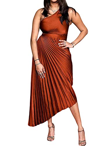 Acrawnni Frauen One Shoulder Plissee Maxikleid Ärmellos Ausschnitt Unregelmäßiger Saum Gerafft Bodycon Langes Kleid Party Abend Cocktailkleid, A-caramel Farbe, Small von Acrawnni