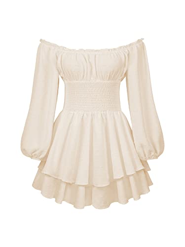 Acrawnni Damen Puffärmel Off Shoulder Shorts Romper Quadratischer Hals Geraffte A Line Flowy Swing Kleid Smocked Layered Piratenkostüm Damen (A-Apricot, M) von Acrawnni