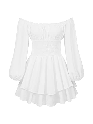 Acrawnni Damen Puffärmel Off Shoulder Shorts Romper Quadratischer Hals Geraffte A Line Flowy Swing Kleid Smocked Layered Piratenkostüm Damen (A-White, L) von Acrawnni