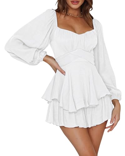 Acrawnni Damen Puffärmel Off Shoulder Shorts Romper Quadratischer Hals Geraffte A Line Flowy Swing Kleid Smocked Layered Piratenkostüm Damen (B-White, L) von Acrawnni