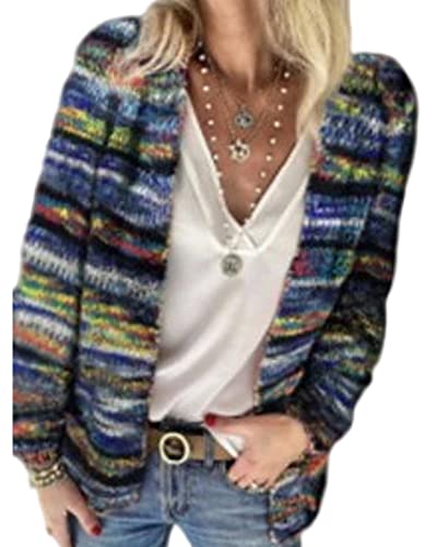 Acrawnni Damen-Strickjacke, Regenbogenfarben, mehrfarbig, gestreift, lange Ärmel, offene Vorderseite, Strickjacke, Mantel, Y2K, Streetwear, A-Blau, M von Acrawnni