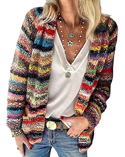 Acrawnni Damen Regenbogen Strickjacke Pullover Mehrfarbig Gestreifte Langarm Open Front Strick Cardigan Mantel Y2K Streetwear, rot (a), XL von Acrawnni