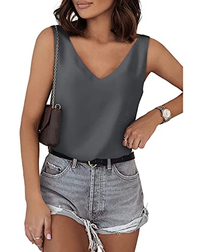 Acrawnni Damen Seiden-Satin-Tank-Top, V-Ausschnitt, lässig, Cami, ärmellos, Camisole Blusen, Sommer Basic Tank Shirt, A-grau, Large von Acrawnni