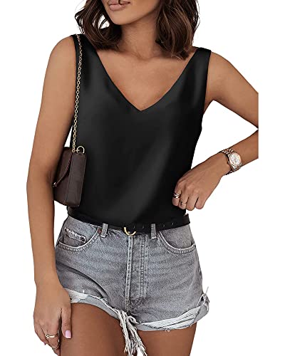 Acrawnni Damen Seiden-Satin-Tank-Top, V-Ausschnitt, lässig, Cami, ärmellos, Camisole Blusen, Sommer Basic Tank Shirt, A-schwarz, Large von Acrawnni