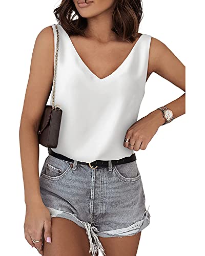 Acrawnni Damen Seiden-Satin-Tank-Top, V-Ausschnitt, lässig, Cami, ärmellos, Camisole Blusen, Sommer Basic Tank Shirt, A-weiß, Large von Acrawnni