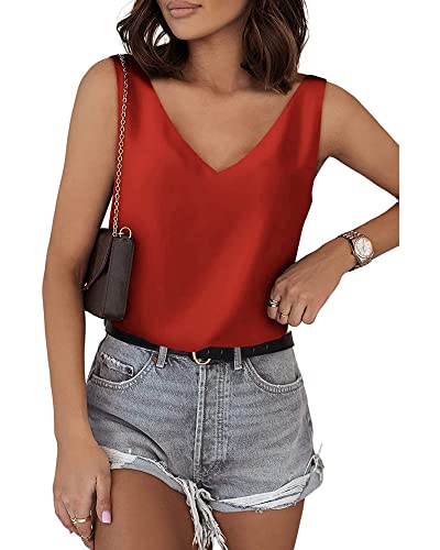 Acrawnni Damen Seiden-Satin-Tank-Top, V-Ausschnitt, lässig, Cami, ärmellos, Camisole Blusen, Sommer Basic Tank Shirt, rot (a), Large von Acrawnni