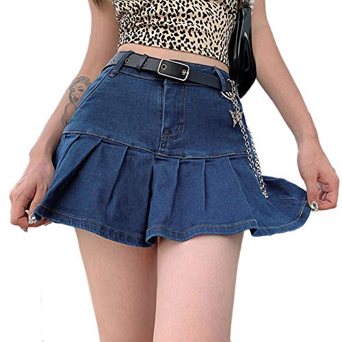 Acrawnni Damen Sommer Casual Slim Plissee Rüschen Denim Röcke Hohe Taille Harajuku Gothic Punk Mädchen Y2K Vintage A-Linie Kurze Jeans Mini Röcke, A-Blau, 36 von Acrawnni