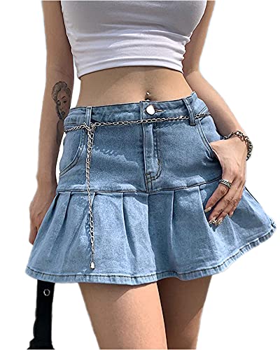 Acrawnni Damen Sommer Casual Slim Plissee Rüschen Denim Röcke Hohe Taille Harajuku Gothic Punk Mädchen Y2K Vintage A-Linie Kurze Jeans Mini Röcke, A-light blue, 36 von Acrawnni