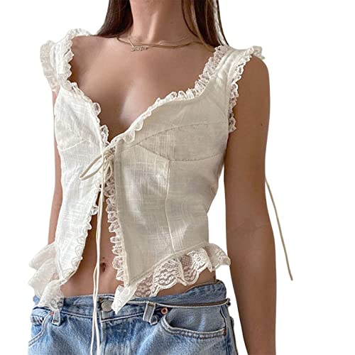 Acrawnni Damen Sommer Neckholder Tie Up Open Front Cami Spitze Rückenfrei Ärmellos V-Ausschnitt Crop Tank Top Y2K Ästhetik Crop Vest Top, E-White, M von Acrawnni