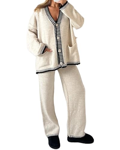 Acrawnni Damen-Strick-Outfit, Pullover-Set, langärmelig, Knopfleiste, offene Vorderseite, Strickjacke, Hose mit weitem Bein, Sweatsuit, Lounge-Sets, A-Beige, 46 von Acrawnni