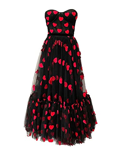 Acrawnni Damen Tüll-Puffkleid mit Herz-Aufdruck, ärmellos, rückenfrei, schulterfrei, Netzstoff, geschwollene Kleider zum Valentinstag, Schwarz , Medium von Acrawnni