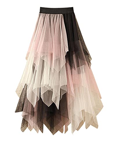 Acrawnni Damen-Tüllrock, elastisch, hohe Taille, Blumendruck, Abgestuft, geschichtet, unregelmäßiges Mesh, Ballett, Abschlussball, Party, Tüll, Tutu (C-Pink Apricot Black, One Size) von Acrawnni