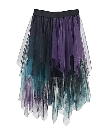 Acrawnni Damen-Tüllrock, elastisch, hohe Taille, Blumendruck, Abgestuft, geschichtet, unregelmäßiges Mesh, Ballett, Abschlussball, Party, Tüll, Tutu (C-Purple Green Black, One Size) von Acrawnni