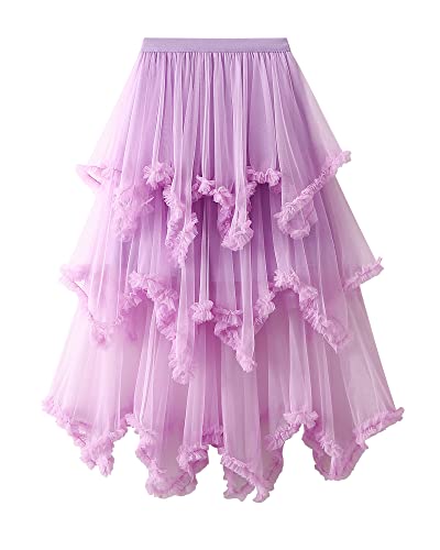 Acrawnni Damen-Tüllrock, elastisch, hohe Taille, Blumendruck, Abgestuft, geschichtet, unregelmäßiges Mesh, Ballett, Abschlussball, Party, Tüll, Tutu (E-Purple, One Size) von Acrawnni