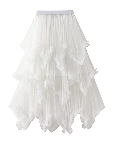 Acrawnni Damen-Tüllrock, elastisch, hohe Taille, Blumendruck, Abgestuft, geschichtet, unregelmäßiges Mesh, Ballett, Abschlussball, Party, Tüll, Tutu (E-White, One Size) von Acrawnni