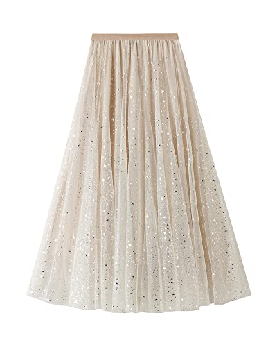 Acrawnni Damen-Tüllrock, elastisch, hohe Taille, Blumendruck, Abgestuft, geschichtet, unregelmäßiges Mesh, Ballett, Abschlussball, Party, Tüll, Tutu (G-Apricot, One Size) von Acrawnni