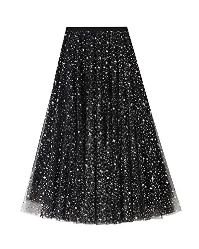 Acrawnni Damen-Tüllrock, elastisch, hohe Taille, Blumendruck, Abgestuft, geschichtet, unregelmäßiges Mesh, Ballett, Abschlussball, Party, Tüll, Tutu (G-Black, One Size) von Acrawnni