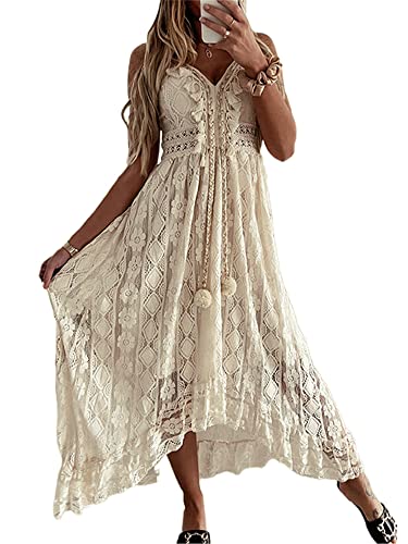 Acrawnni Damen V-Ausschnitt Ärmellos Strick Spitze Ausschnitt Sling Maxikleid Rüschen Offener Rücken Unregelmäßiger Saum Partykleid Boho Strandkleid (A-Beige, S) von Acrawnni