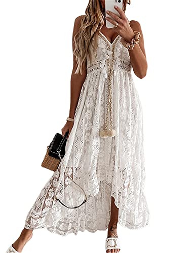 Acrawnni Damen V-Ausschnitt Ärmellos Strick Spitze Ausschnitt Sling Maxikleid Rüschen Offener Rücken Unregelmäßiger Saum Partykleid Boho Strandkleid (A-White, M) von Acrawnni