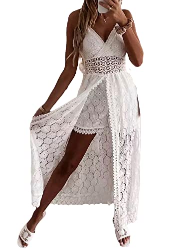 Acrawnni Damen V-Ausschnitt Ärmellos Strick Spitze Ausschnitt Sling Maxikleid Rüschen Offener Rücken Unregelmäßiger Saum Partykleid Boho Strandkleid (B-Beige, M) von Acrawnni