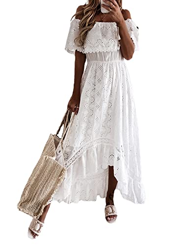 Acrawnni Damen V-Ausschnitt Ärmellos Strick Spitze Ausschnitt Sling Maxikleid Rüschen Offener Rücken Unregelmäßiger Saum Partykleid Boho Strandkleid (C-White, L) von Acrawnni