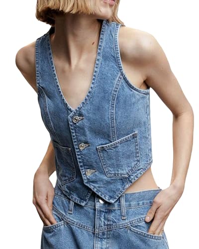 Acrawnni Damen Vintage Y2K Denim Weste ärmellos V-Ausschnitt Knopfleiste Denim Crop Tops Jeans Korsett Weste Jacke Tank Top Streetwear, F-blau, 38 von Acrawnni