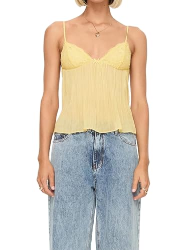 Acrawnni Damen Y2K Spitze Spaghettiträger Cropped Tank Top Ärmellos V-Ausschnitt Mesh Slim Fit Cami Tops Ausgehen Streetwear, E-Gelb, S von Acrawnni